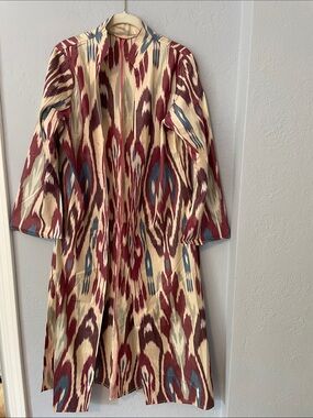 Women’s Open Front Long Ikat Chapan in Cream and Burgundy